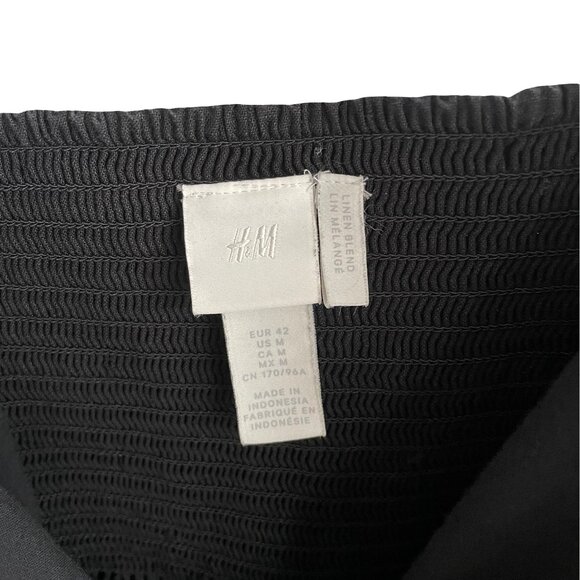 H&M Black Linen Cotton Blend Buttons Dress Midi Smocked, Women's Medium, Flaw - Picture 8 of 16